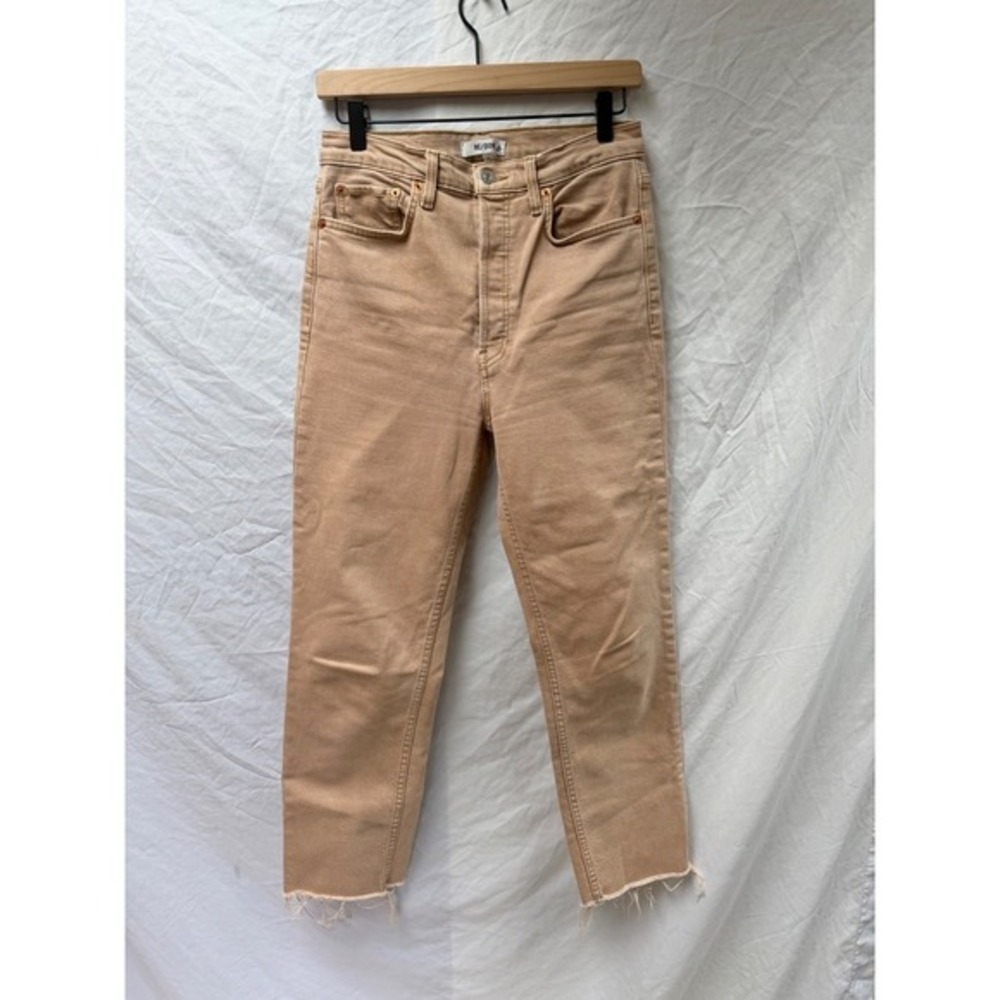 RE/DONE‎ High Rise Ankle Crop Jeans Washed Khaki Tan Raw Hem Sz 27